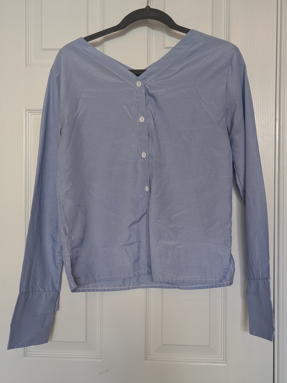 Button V-Neck Long Sleeve Top - Light Blue